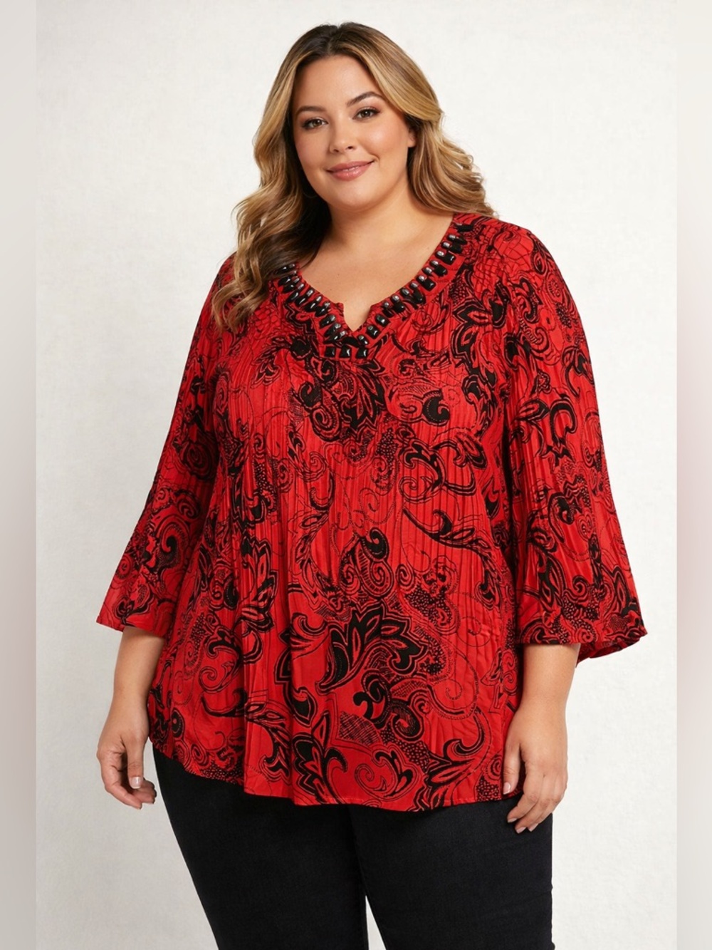 Cato Blouse Women's Sz 22/24W Red Floral Paisley Pleated Flare Sleeve Beaded Top